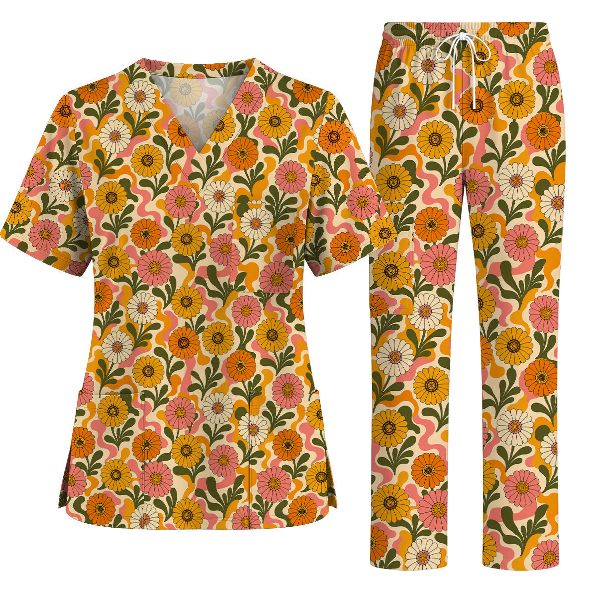 Retro Gerbera Floral Scrub Top, Groovy Gerbera Flower Print Scrubs, Vintage Nurse Medical Uniform