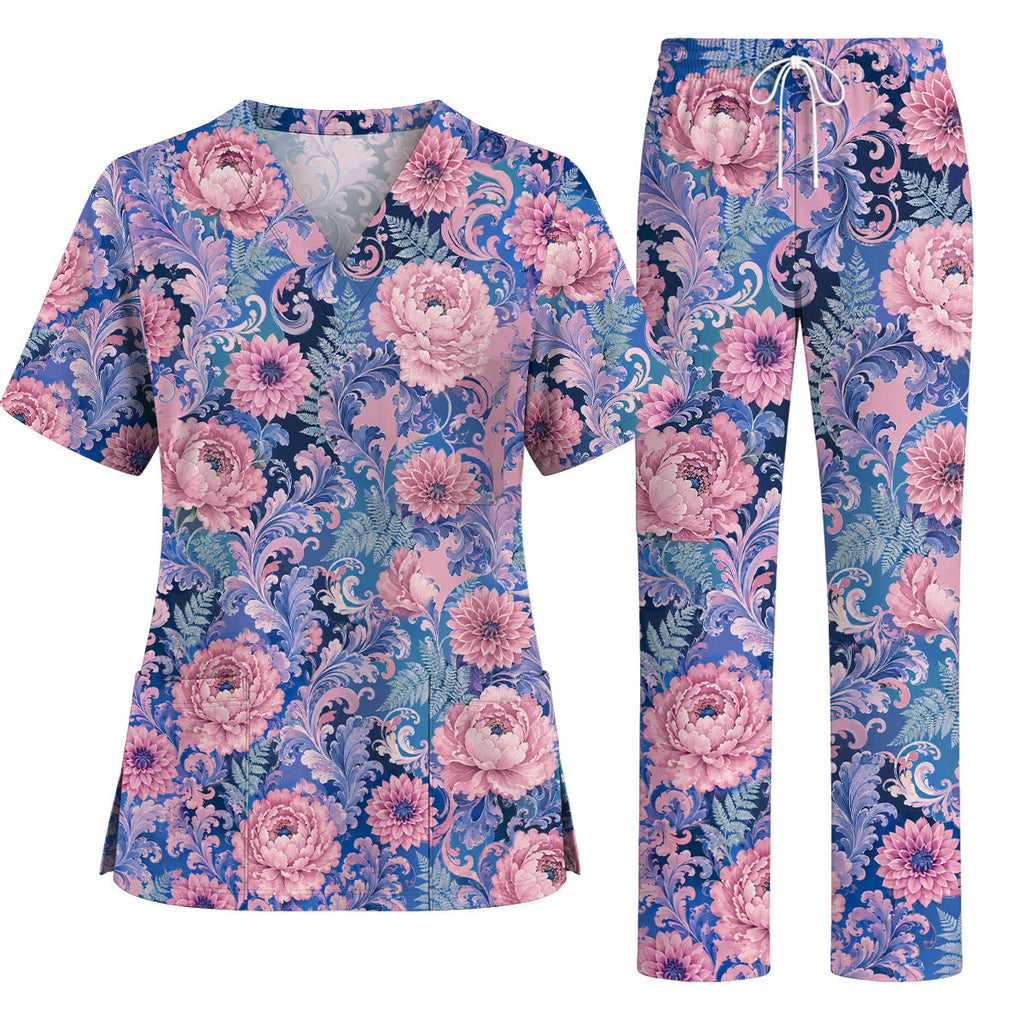 Pink Peony Floral Scrub Top, Elegant Blue Botanical Nurse Shirt, Vintage Floral Healthcare Uniform
