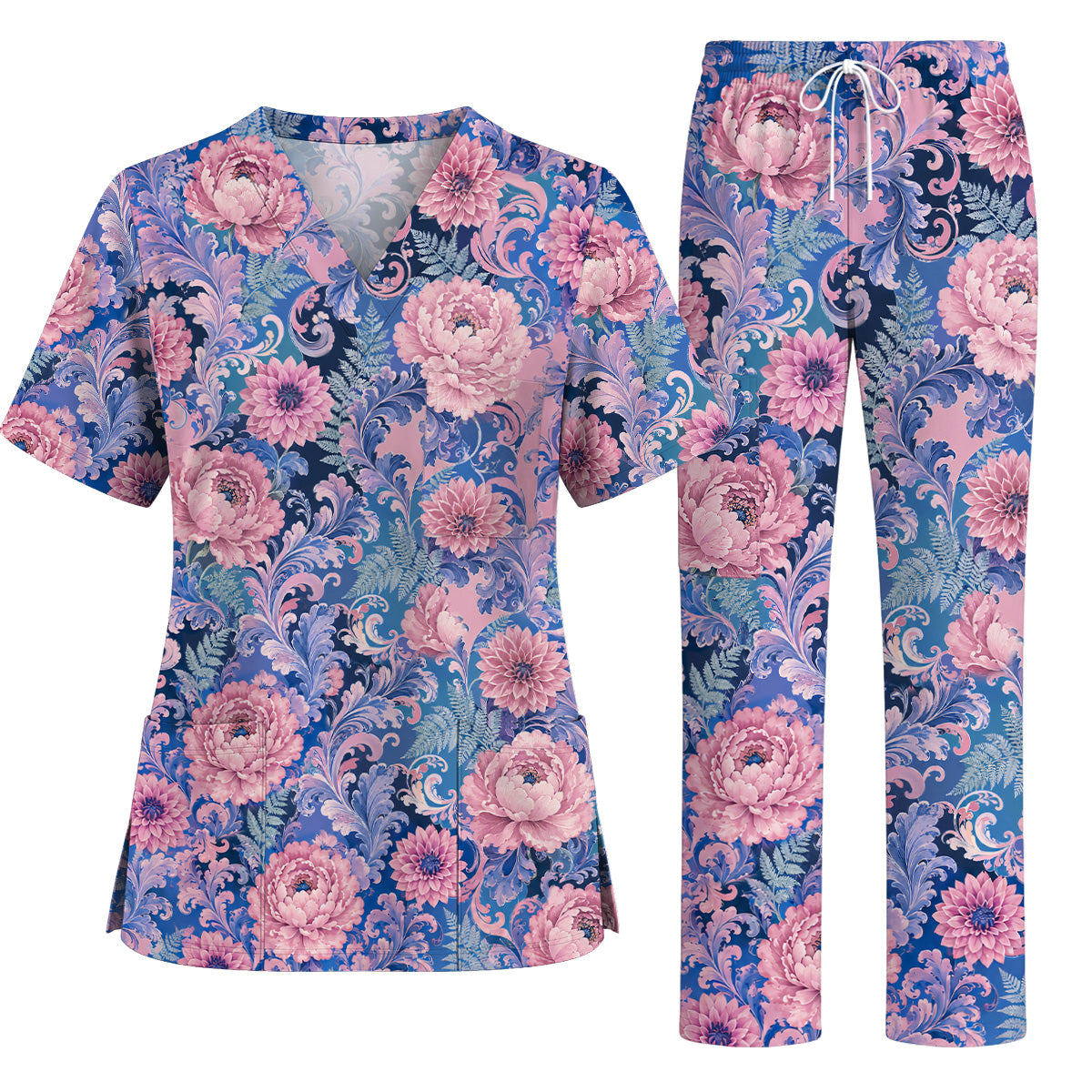 Pink Peony Floral Scrub Top, Elegant Blue Botanical Nurse Shirt, Vintage Floral Healthcare Uniform