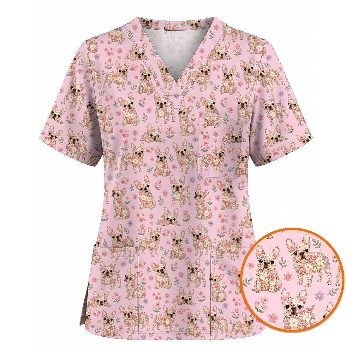 Floral French Bulldog Nurse Scrub Top, Cute Frenchie Flower Pattern Scrubs for Nurses, Dog Lover Healthcare Gift