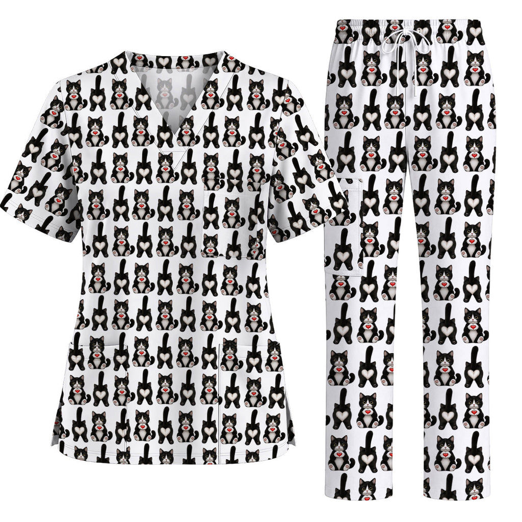 Funny Tuxedo Cat Pattern Scrub Top, Cute Cat Nurse Scrubs, Breathable Fabrics Nursing Uniform