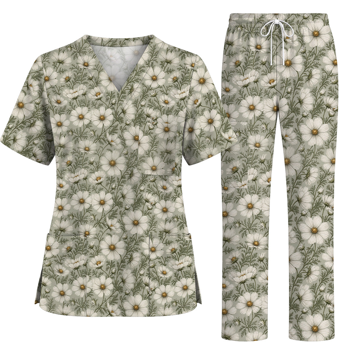 Cosmos Floral Scrub Top, Vintage Cosmos Flower Print Scrubs, Botanical Nurse Uniform