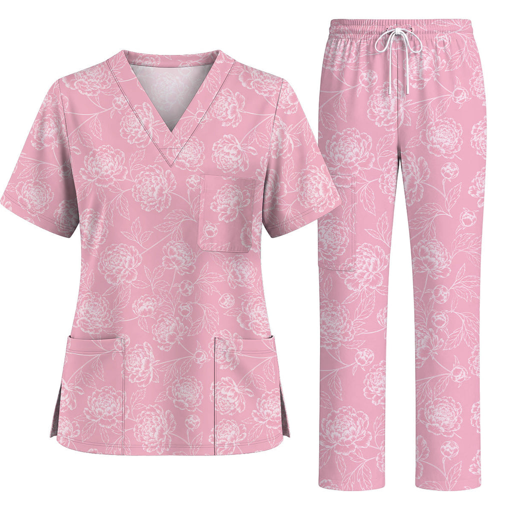 Peony Floral Pattern Scrub Top, Pink Peony Nurse Scrubs, Floral Nursing Uniform