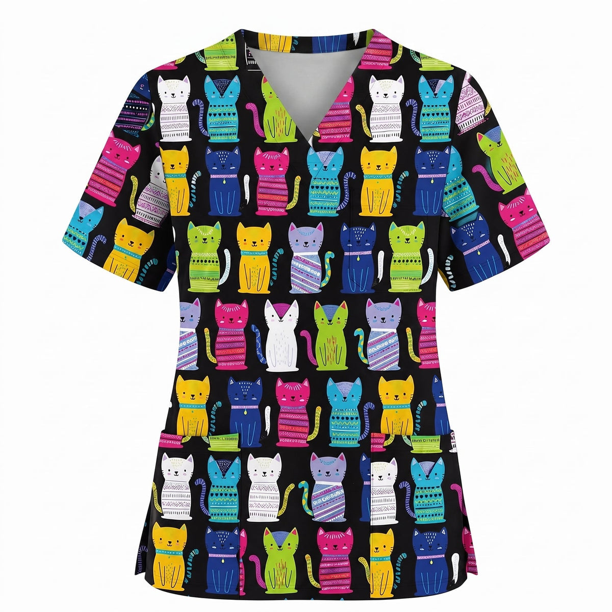 Funny Cat Scrub Top for Women, Cute Rainbow Cats Nursing Uniform, Gift for RN LPN CNA Veterinary Healthcare Professionals