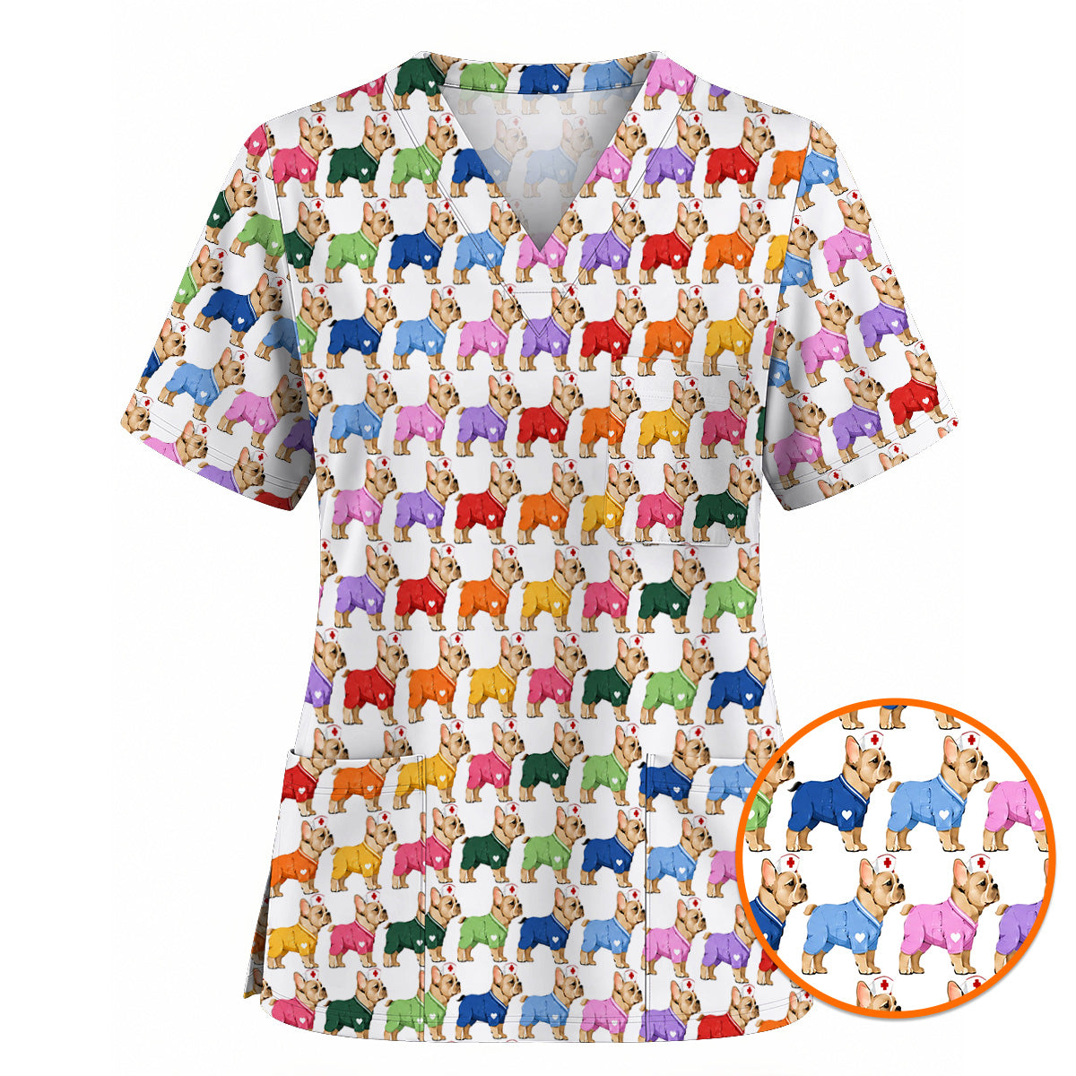Colorful French Bulldog Nurse Scrub Top, Cute Frenchie Medical Pattern Scrubs for Nurses, Dog Lover Healthcare Gift