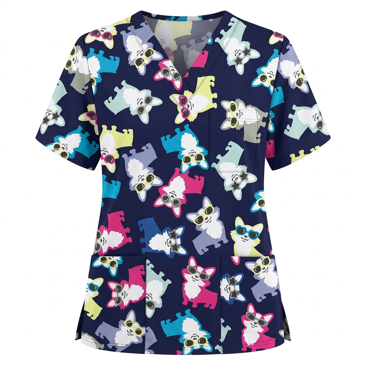 Funny Dog Print Scrub Top, Cute Puppy Pattern Nursing Uniform, Breathable Medical Scrubs for Women (Copy)