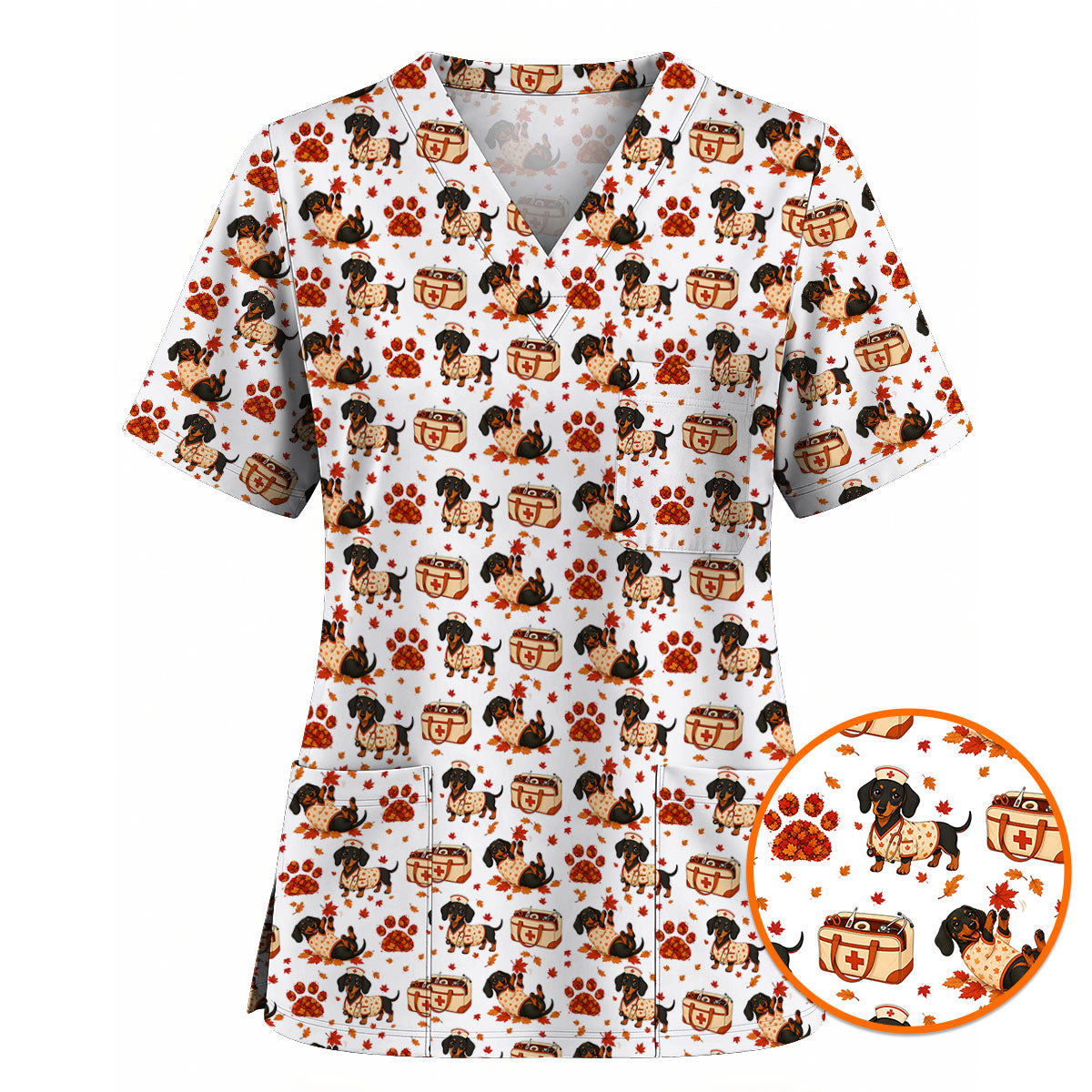 Fall Dachshund Scrub Top, Autumn Wiener Dog Nurse Uniform for Veterinary Professionals, Breathable Fabrics Nursing Scrubs for Dog Lovers