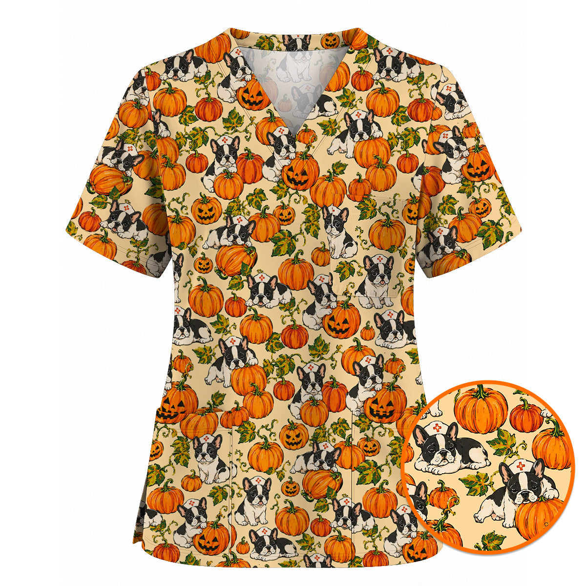 French Bulldog Halloween Nurse Scrub Top, Pumpkin Frenchie Pattern Scrubs, Cute Fall Dog Scrub Shirt for Nurses
