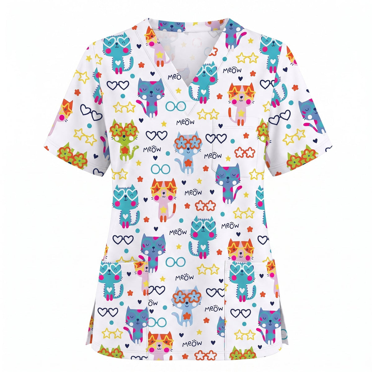 Cat Meow Pattern Scrub Top, Funny Cats Scrub Top for Women, Breathable Fabrics Nursing Uniform