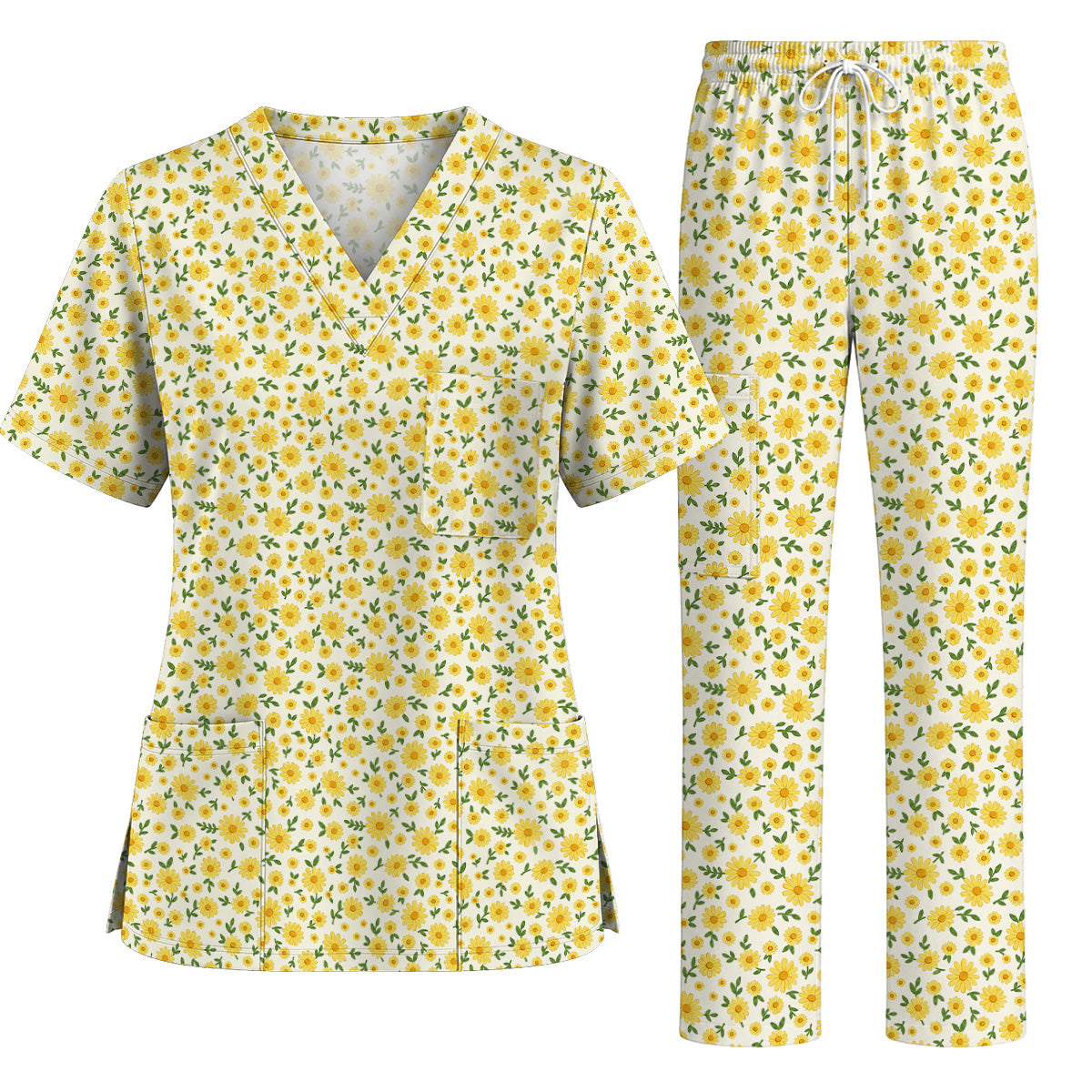Yellow Daisy Garden Scrub Top, Cheerful Daisy Floral Print Scrubs, Spring Nurse Medical Uniform