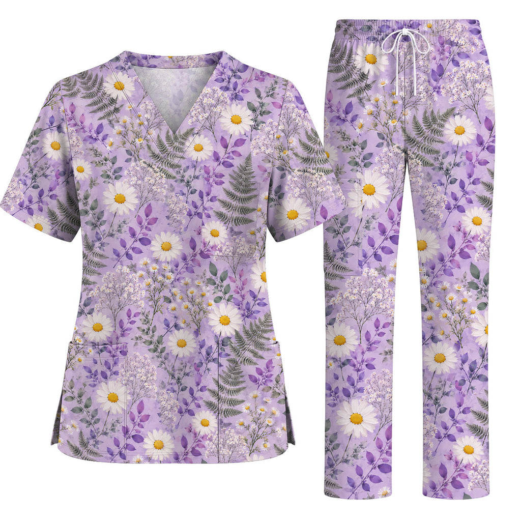 Purple Daisy Floral Scrub Top, Lavender Botanical Nurse Shirt, Wildflower Healthcare Uniform