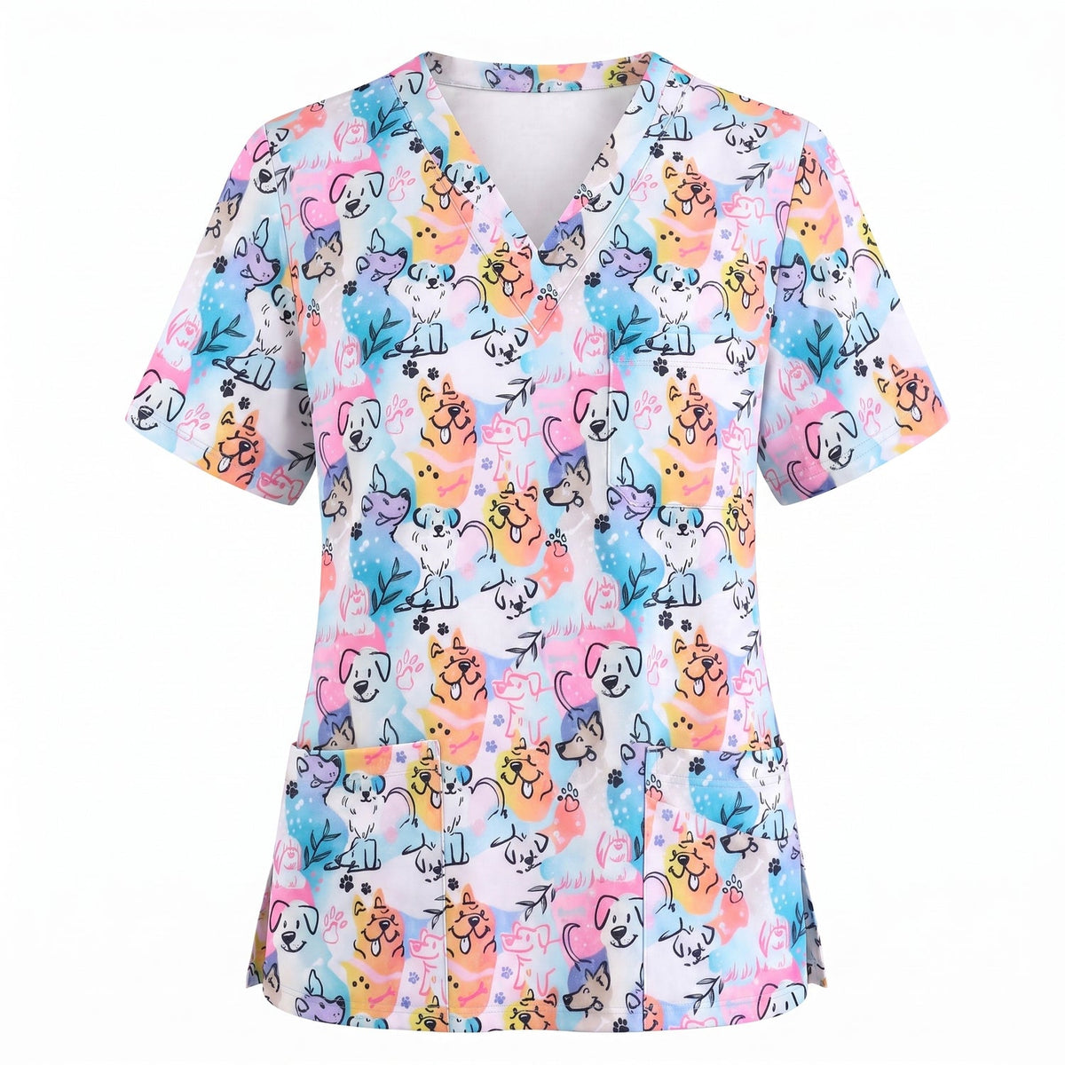 Cute Dog Pattern Scrub Top for Women, Colorful Cartoon Dogs Nursing Uniform, Funny Puppy Print Medical Scrub Shirt, Breathable Veterinary & Nurse Scrubs Gift
