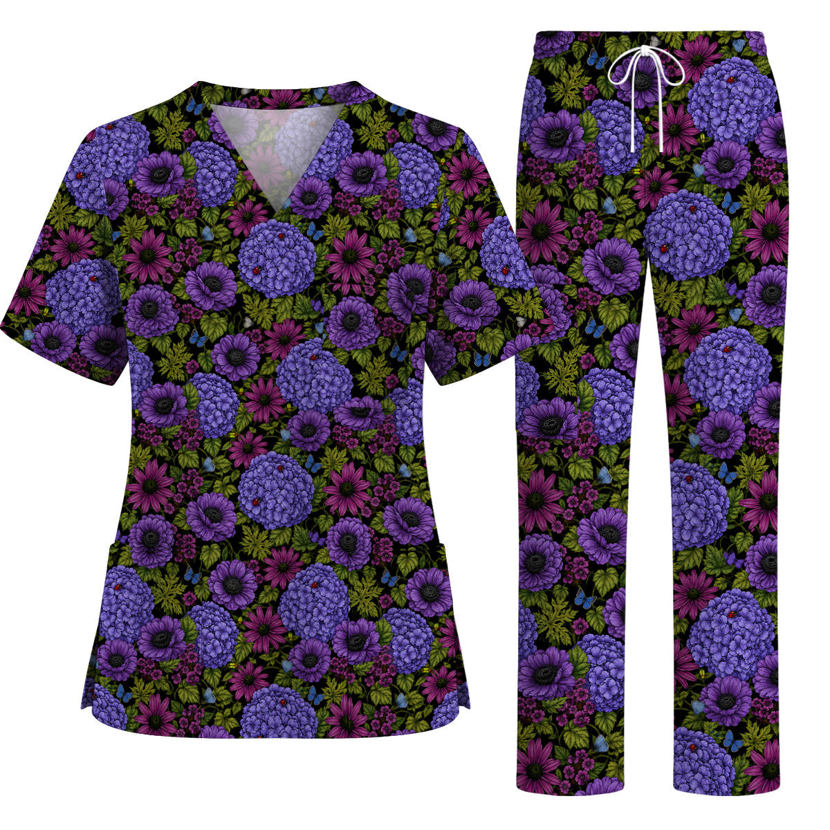 Purple Hydrangea Floral Scrub Top, Dark Botanical Nurse Shirt, Elegant Wildflower Healthcare Uniform