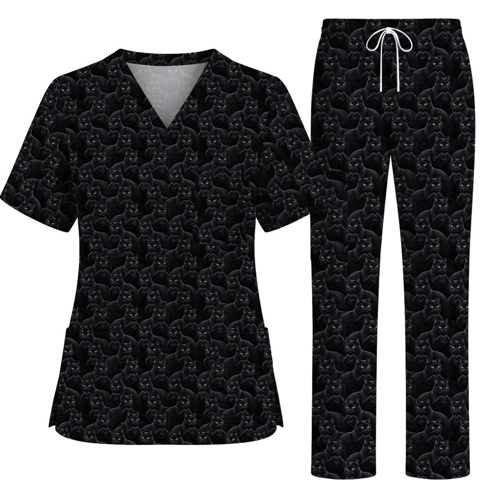 Black Cat Scrub Top for Cat Lovers, Cute Black Cat Nursing Uniform, Comfortable Feline Medical Scrubs For Nurse