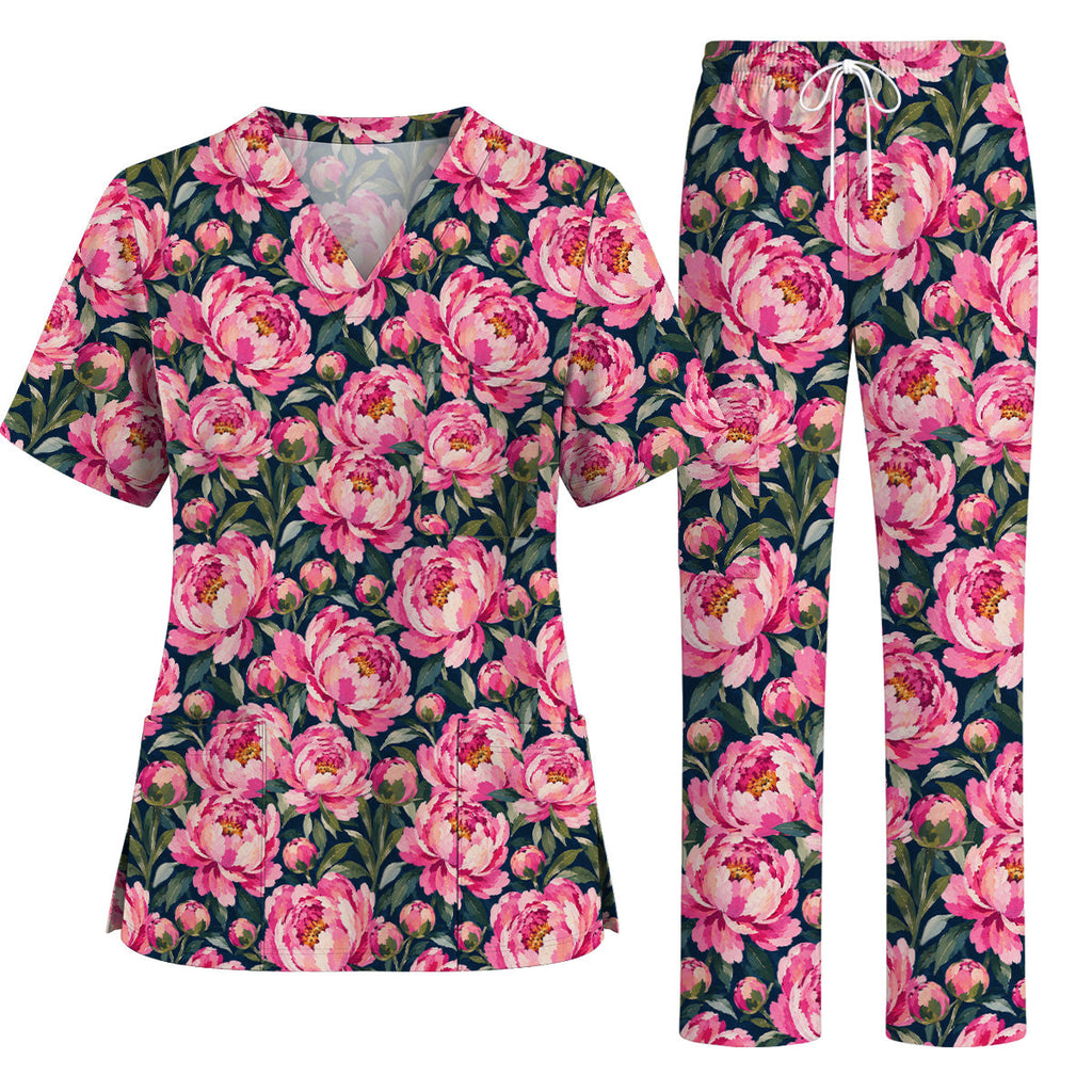 Peony Floral Scrub Top for Women, Pink Peony Nurse Scrub Shirt, Floral Nursing Uniform for Healthcare Workers