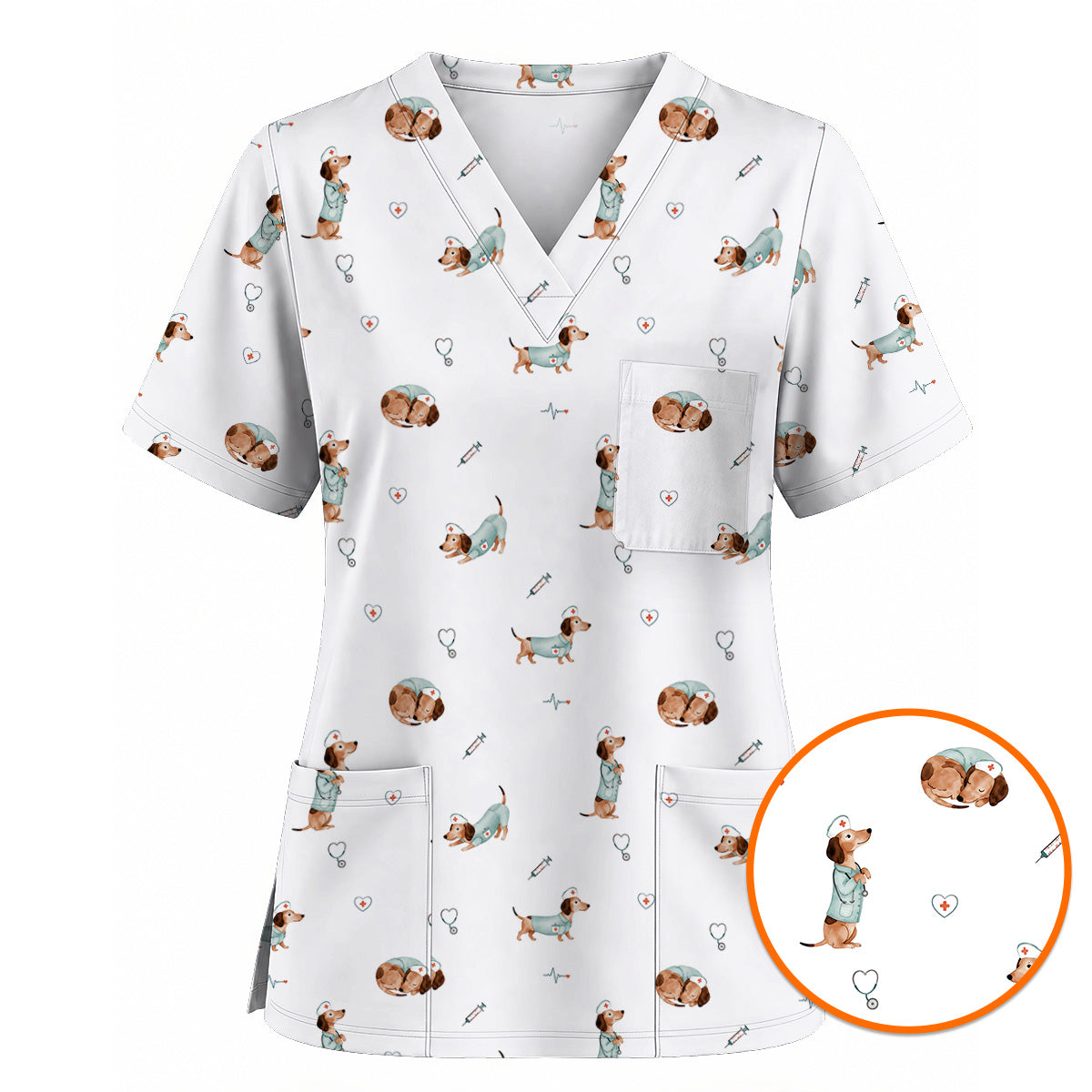 Dachshund Nurse Scrub Top, Cute Wiener Dog Nursing Uniform for Dog Lovers, Comfortable Nurse Scrubs for Healthcare Workers