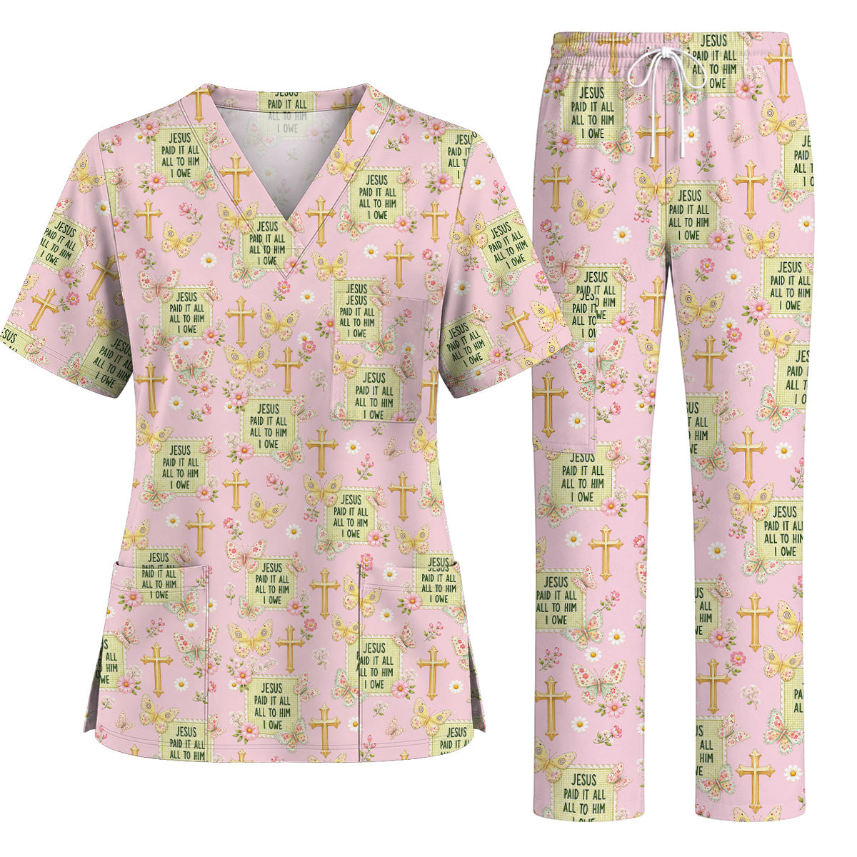 Jesus Paid It All Scrub Top, Christian Butterfly Floral Nurse Scrubs Uniform, Faith Inspired Gift For Nurses