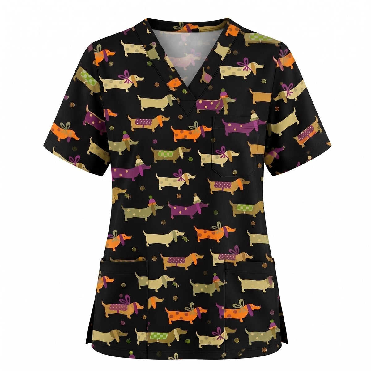 Funny Dachshund Pattern Scrub Top, Wiener Dog Nursing Scrub for Women, Breathable Veterinary Medical Uniform