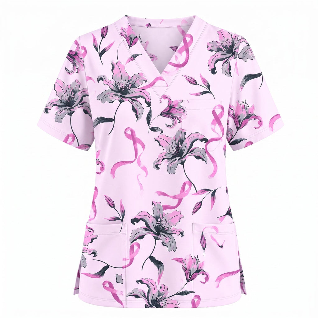 Breast Cancer Awareness Scrub Top for Women, Pink Ribbon Lily Floral Nursing Uniform, Support Breast Cancer Warrior Gift