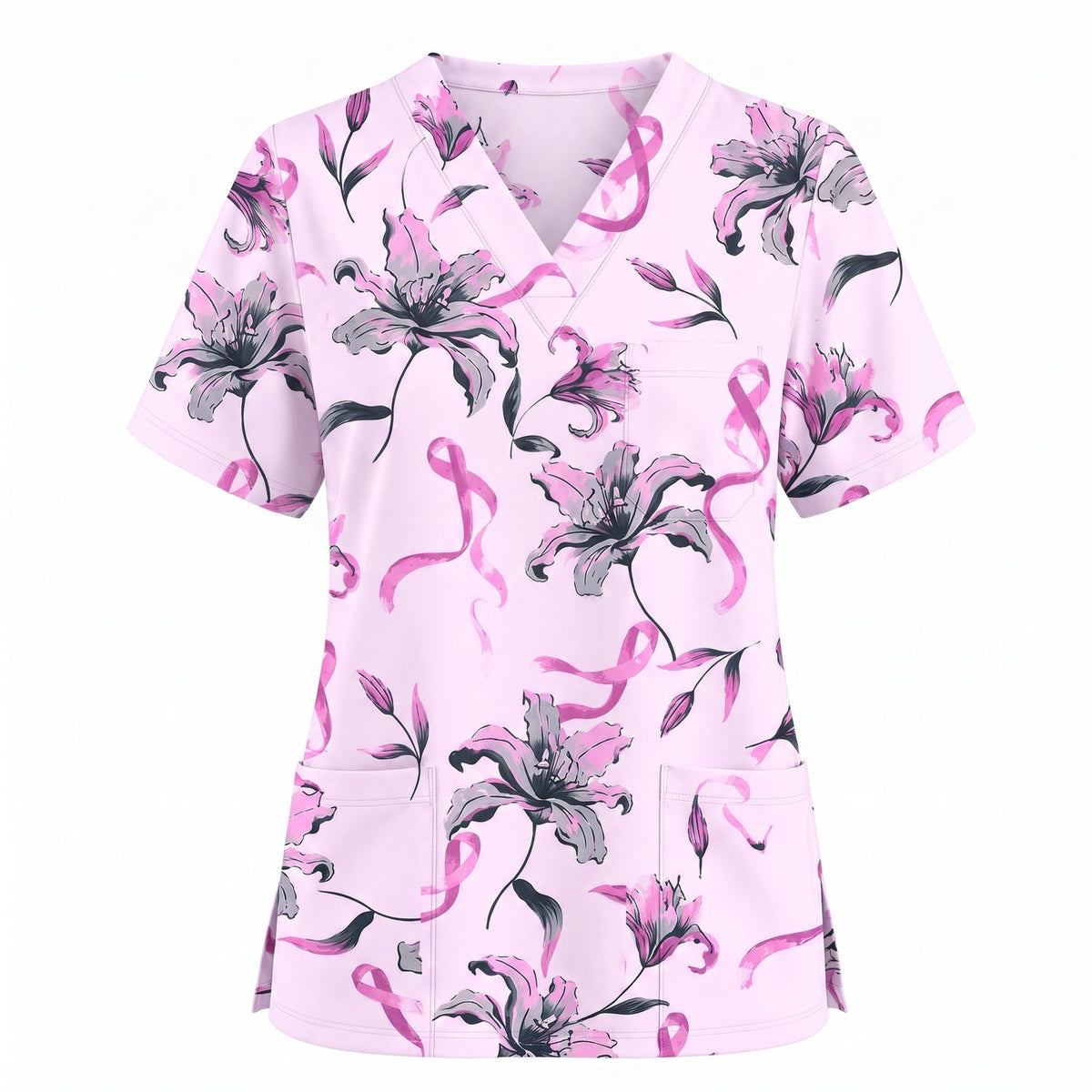 Breast Cancer Awareness Scrub Top for Women, Pink Ribbon Lily Floral Nursing Uniform, Support Breast Cancer Warrior Gift