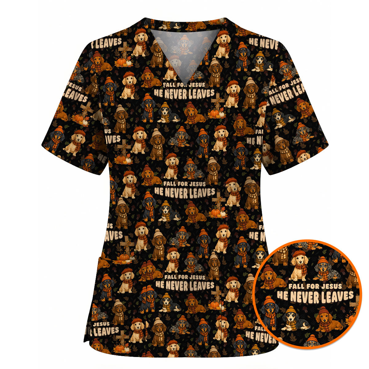 Autumn Dachshund Scrub Top, Wiener Dog Fall Nursing Uniform for Dog Lovers, Comfortable Scrubs for Nurses