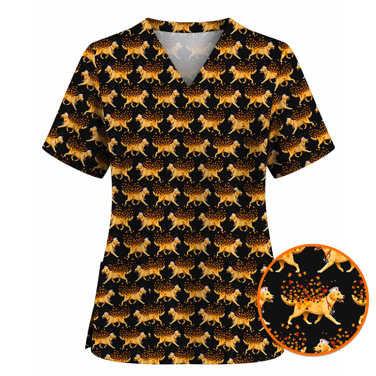 Autumn Labrador Retriever Nurse Scrub Top, Funny Fall Lab Dog Medical Uniform for Veterinary & Healthcare Staff, Comfortable Scrubs for Nurses