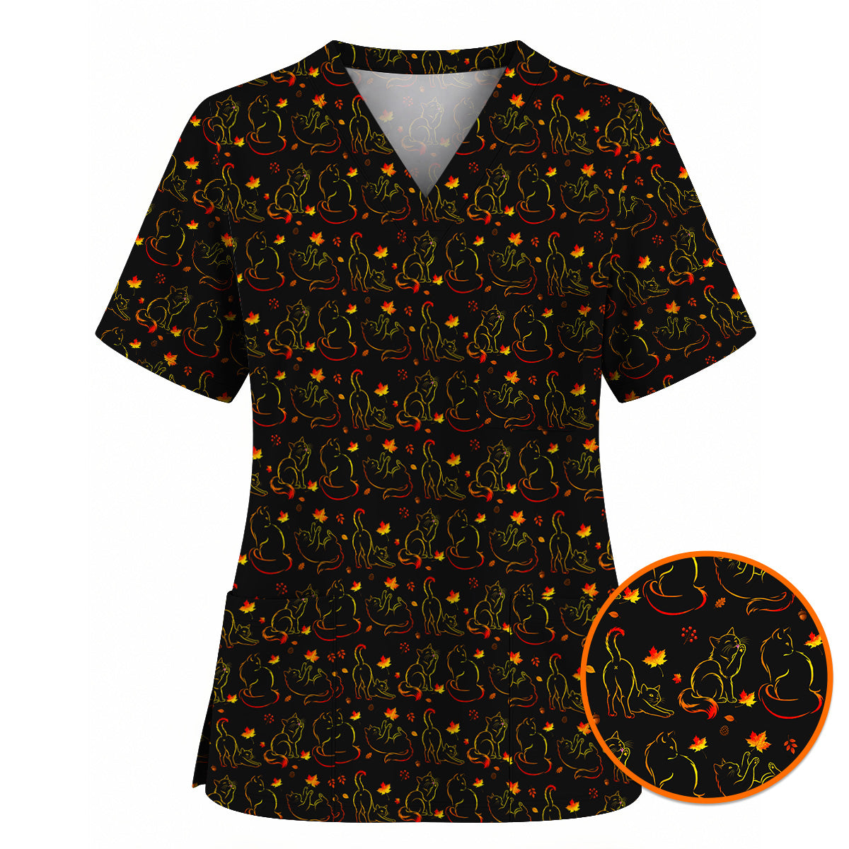 Autumn Black Cat Scrub Top, Fall Cat Nursing Uniform for Cat Lovers, Comfortable Feline Medical Scrubs For Nurse