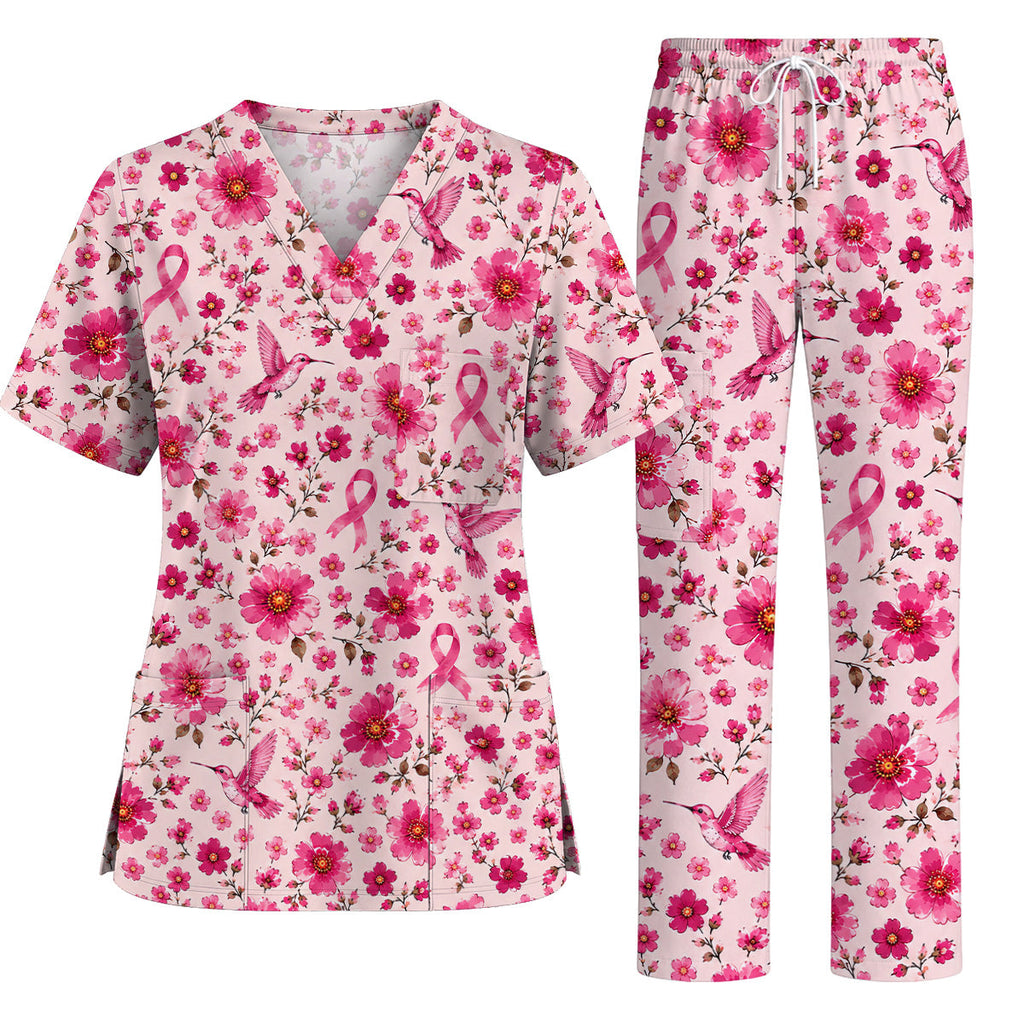 Pink Ribbon Hummingbird Scrub Top, Breast Cancer Awareness Floral Nurse Shirt, Pink Healthcare Uniform