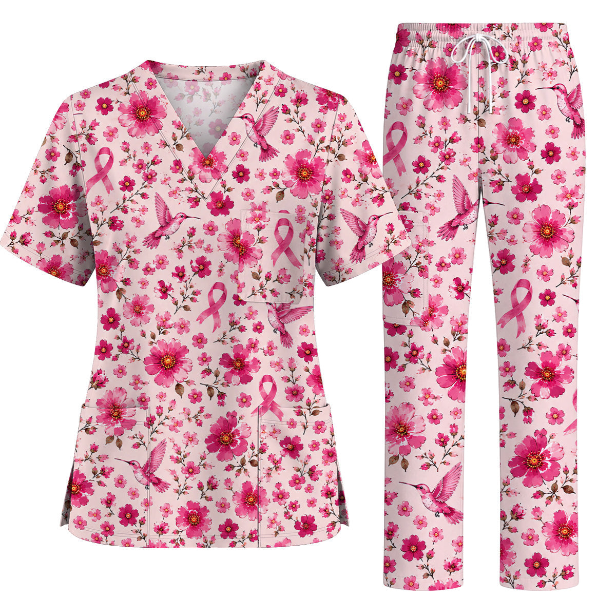 Pink Ribbon Hummingbird Scrub Top, Breast Cancer Awareness Floral Nurse Shirt, Pink Healthcare Uniform
