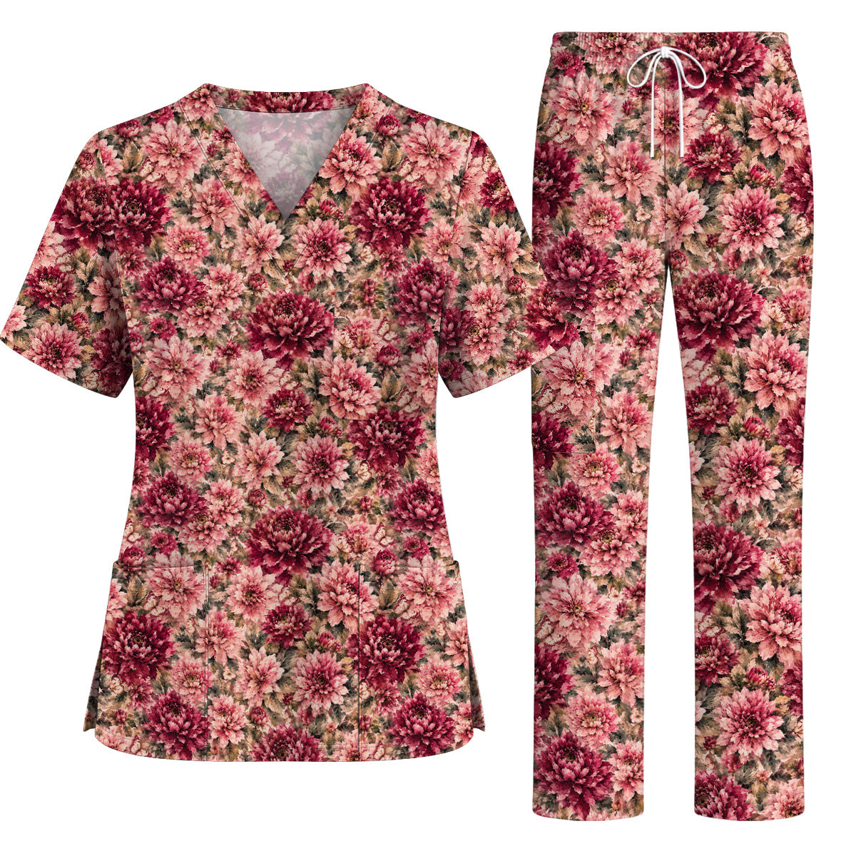 Dahlia Floral Scrub Top, Vintage Dahlia Flower Print Scrubs, Botanical Nurse Uniform