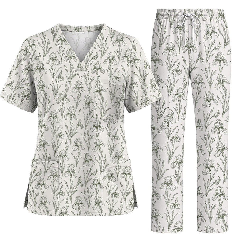 Iris Floral Scrub Top, Botanical Iris Print Scrubs, Vintage Flower Nurse Uniform