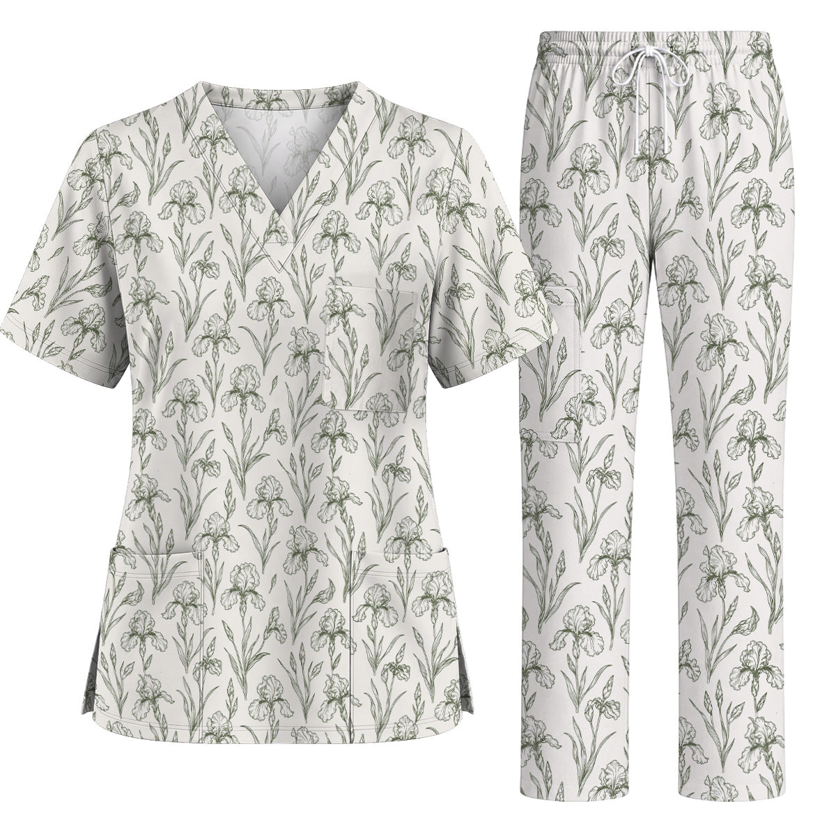 Iris Floral Scrub Top, Botanical Iris Print Scrubs, Vintage Flower Nurse Uniform