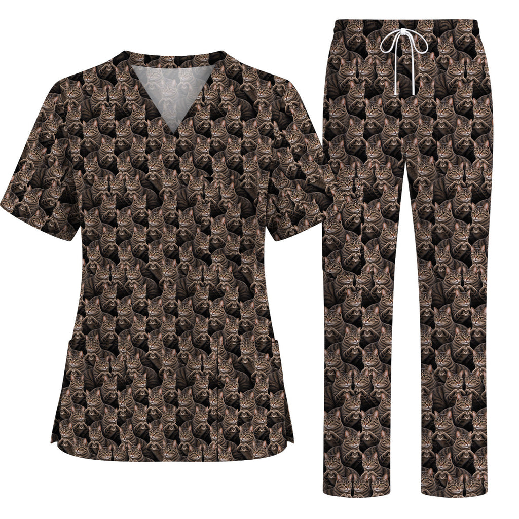 Tabby Cat Pattern Scrub Top, Brown Tabby Cat Nurse Scrubs, Cat Lover Nursing Uniform