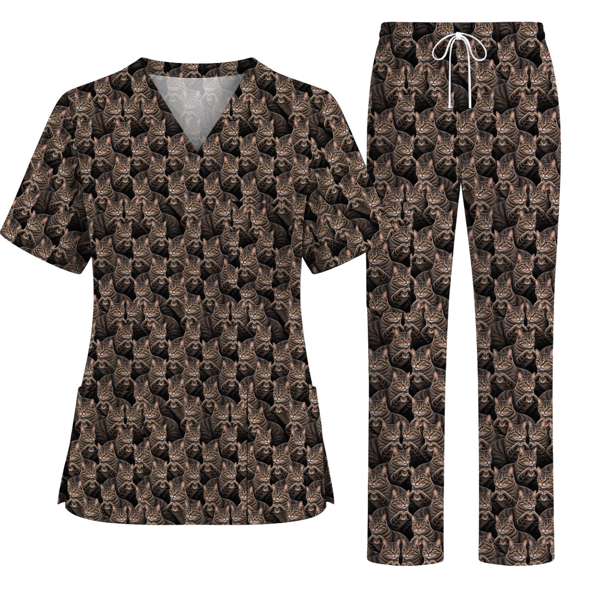 Tabby Cat Pattern Scrub Top, Brown Tabby Cat Nurse Scrubs, Cat Lover Nursing Uniform