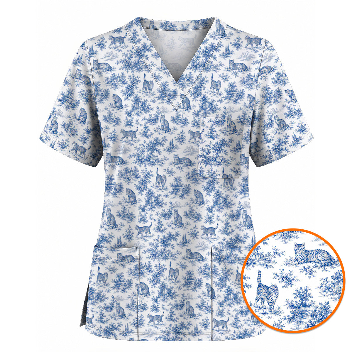 Toile de Jouy Cat Scrub Top, Crazy Cats Pattern Nursing Uniform for Cat Lovers, Vintage Feline Medical Scrubs