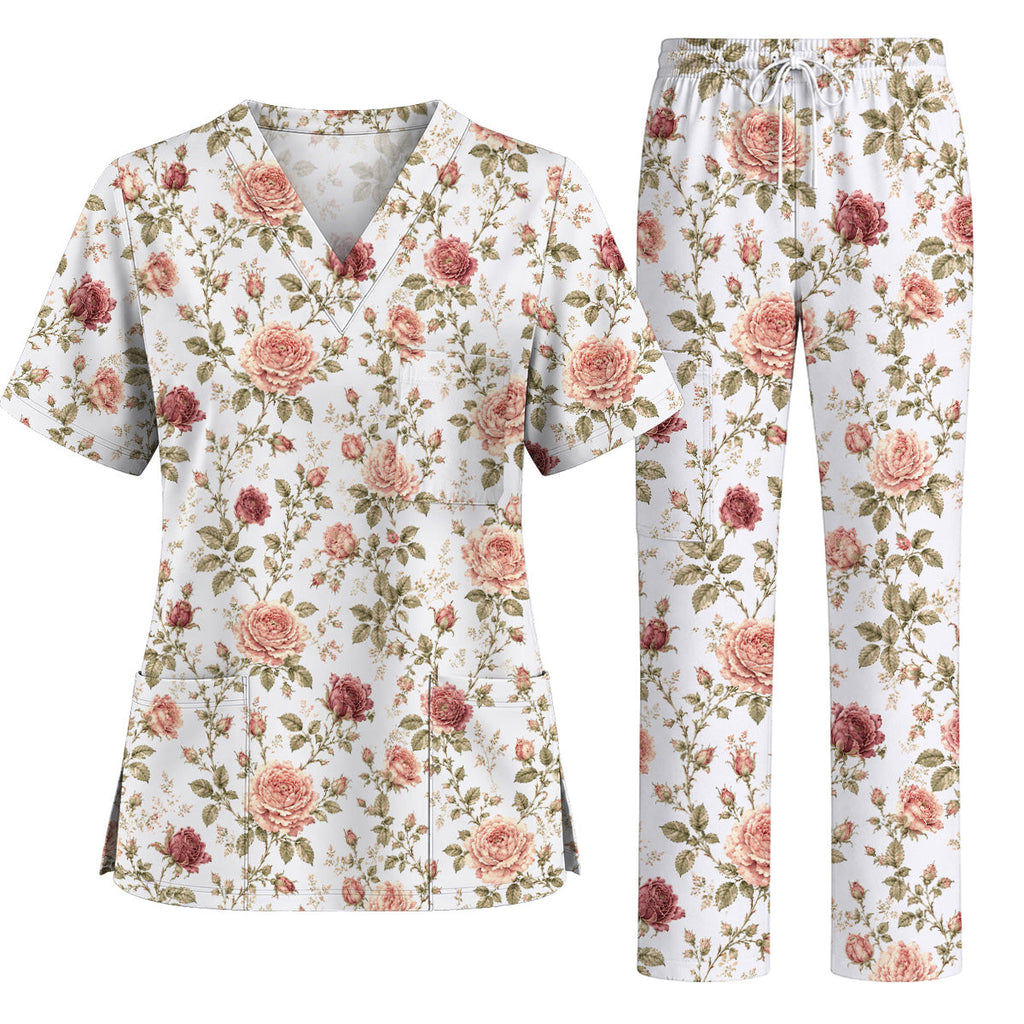 Vintage Rose Scrub Top, Romantic Rose Floral Nurse Scrubs Uniform, Cottagecore Flower Gift For Nurses