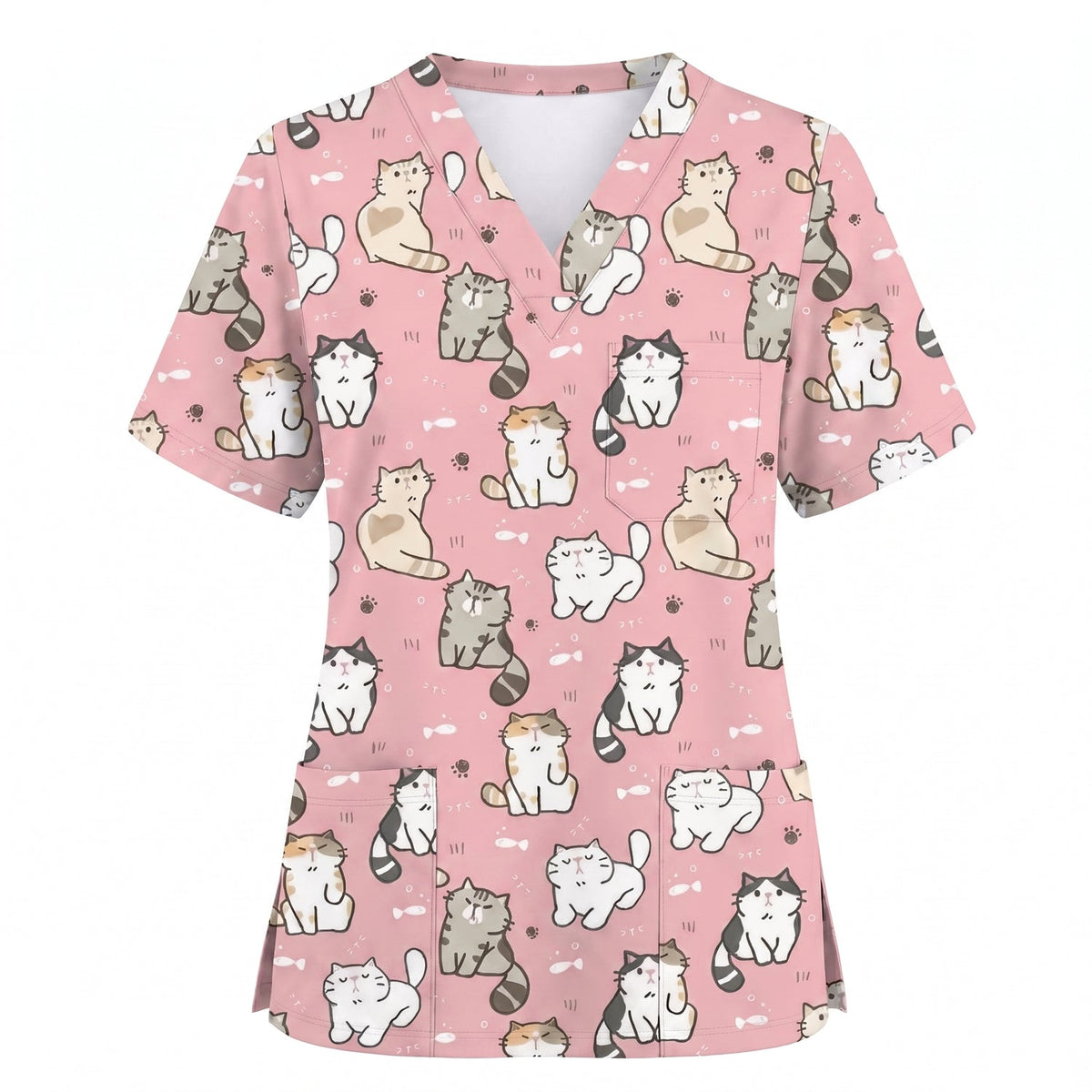 Funny Cat Scrub Set, Cute Cat Pattern Scrub For Nursing, Breathable Med Uniform