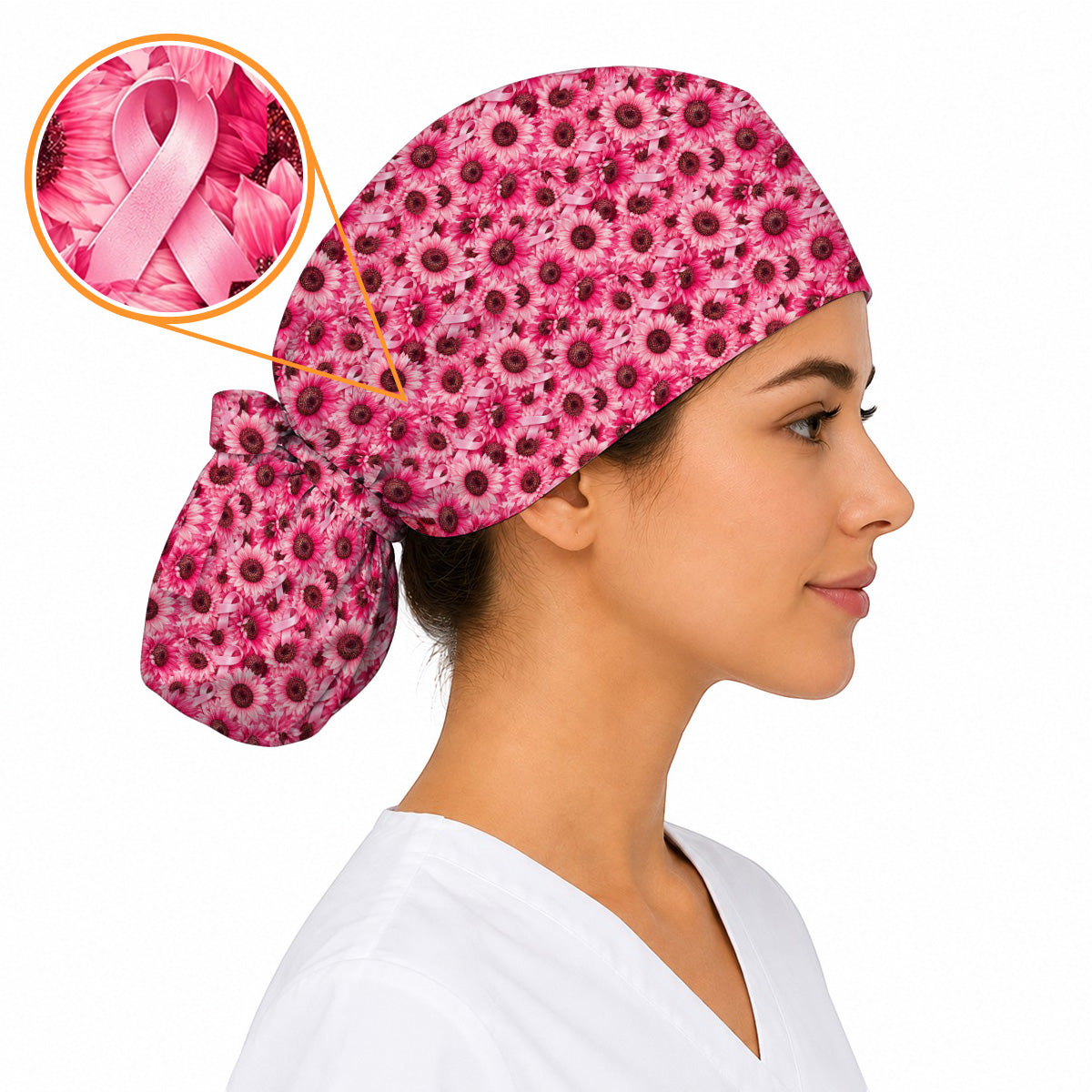 Breast Cancer Awareness Floral Scrub Caps, Pink Ribbon Pattern Nurse Scrubs, Breast Cancer Nursing Cap
