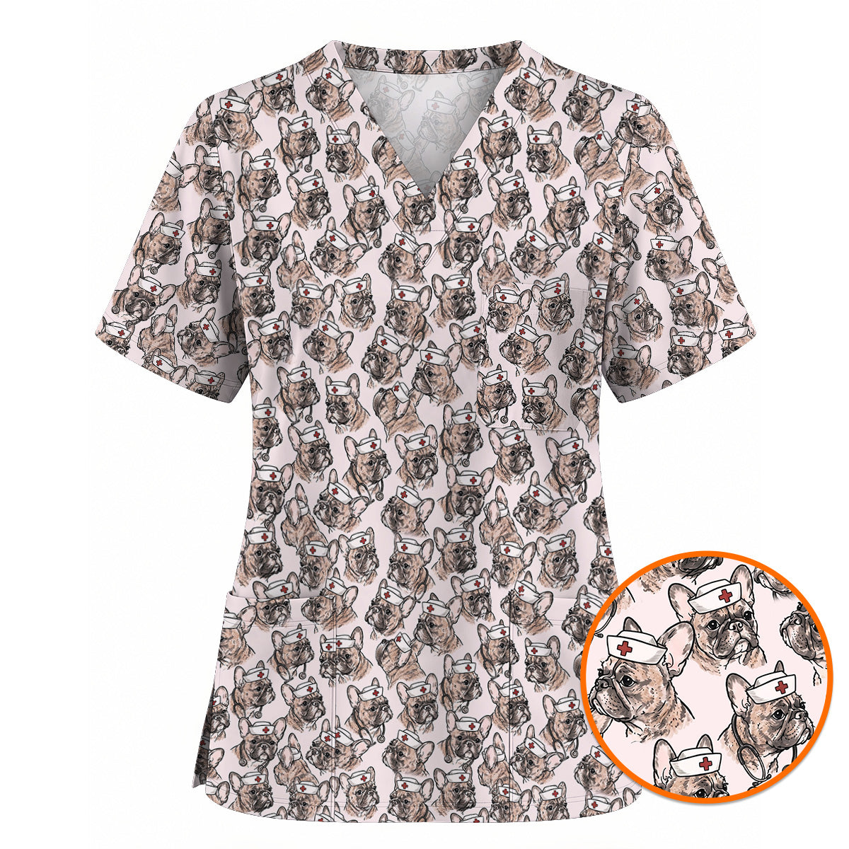 French Bulldog Nurse Scrub Top, Vintage Frenchie Medical Pattern Scrubs for Nurses, Cute Dog Lover Healthcare Gift