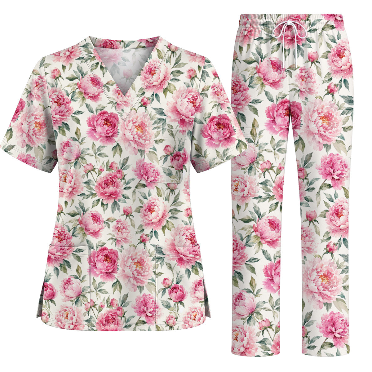 Pink Peony Garden Scrub Top, Watercolor Peony Floral Print Scrubs, Romantic Botanical Nurse Uniform
