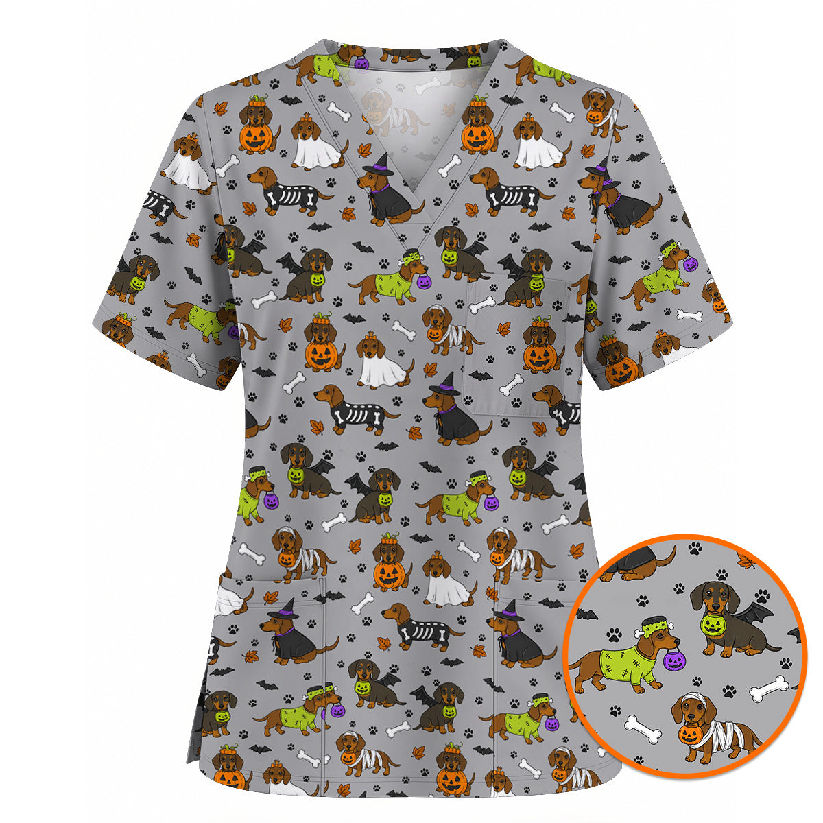 Halloween Dachshund Scrub Top, Cute Dachshund Nurse Scrubs for Dog Lovers, Funny Wiener Dog Medical Uniform