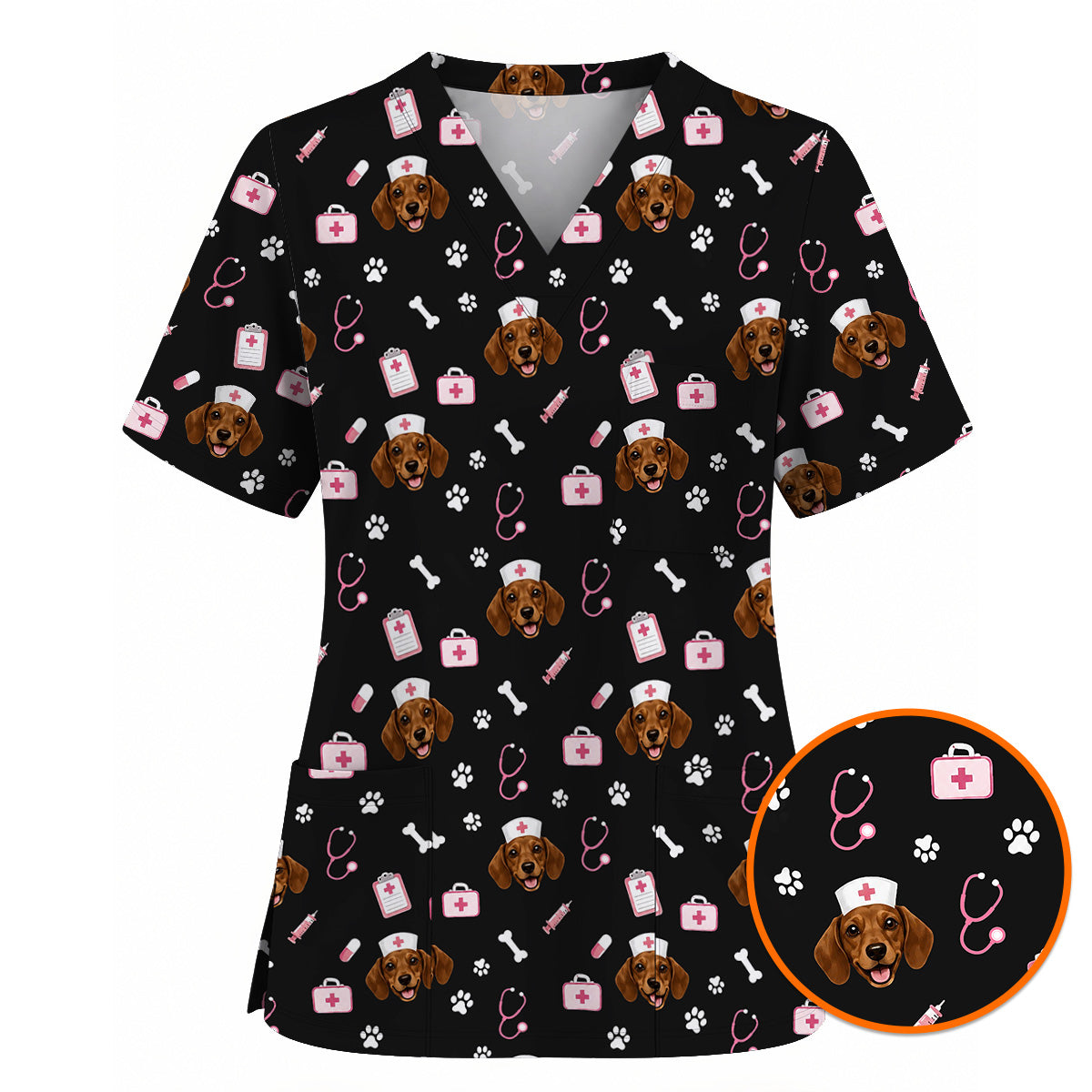 Dachshund Nurse Scrub Top, Cute Wiener Dog Medical Uniform for Veterinary Professionals, Black Dog Lover Scrubs for Nurses