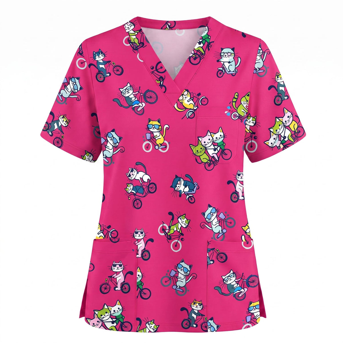 Cat On Wheels Pattern Scrub Top, Funny Cats Scrub Top for Women, Breathable Fabrics Nursing Uniform