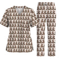 Cute Tabby Cat Pattern Scrub Top, Heart Paw Cat Nurse Scrubs, Breathable Fabrics Nursing Uniform
