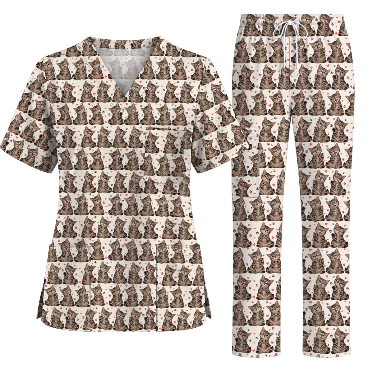 Cute Tabby Cat Pattern Scrub Top, Heart Paw Cat Nurse Scrubs, Breathable Fabrics Nursing Uniform