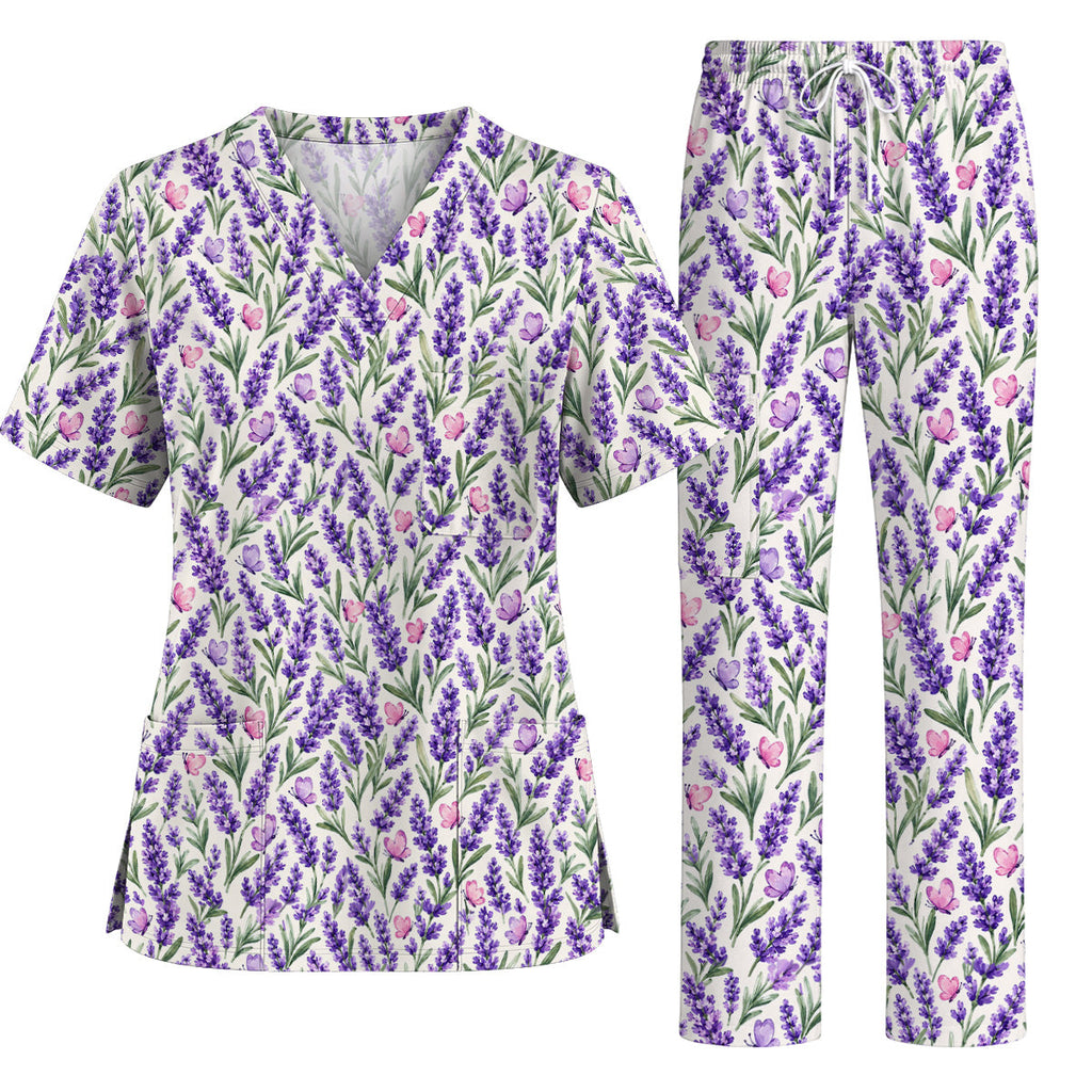 Charming Lavender Scrub Top, Purple Lavender Butterfly Nurse Scrubs Uniform, Botanical Floral Gift For Nurses