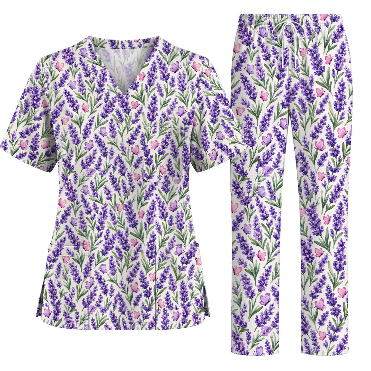 Charming Lavender Scrub Top, Purple Lavender Butterfly Nurse Scrubs Uniform, Botanical Floral Gift For Nurses
