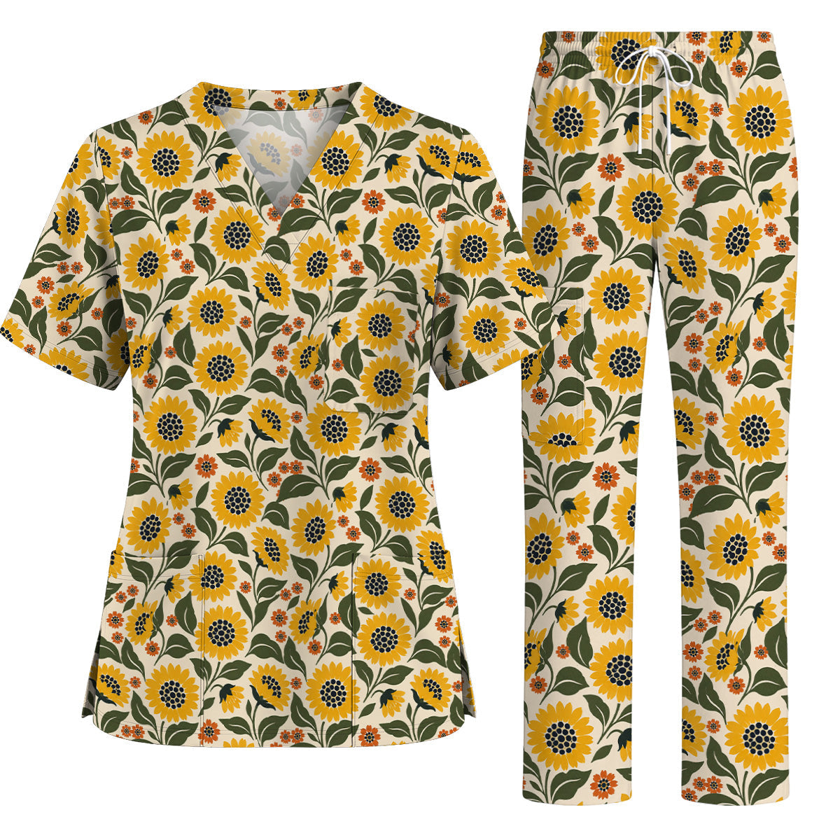Retro Sunflower Scrub Top, Vintage Sunflower Floral Nurse Scrubs Uniform, Cheerful Flower Gift For Nurses