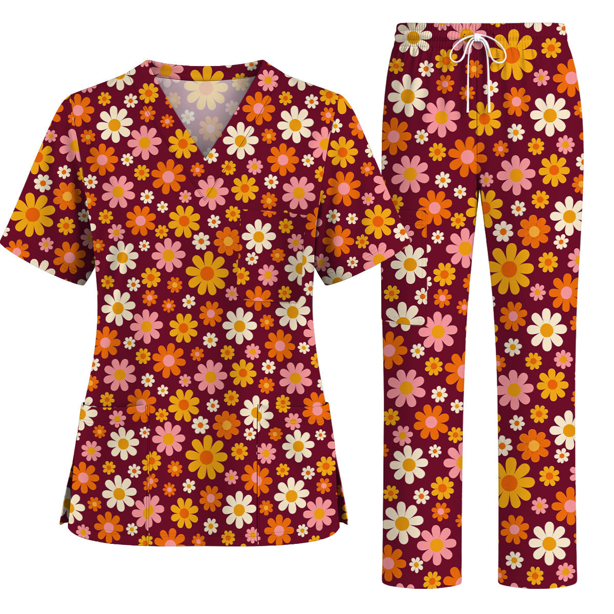 Retro Daisy Scrub Top, Colorful Daisy Floral Nurse Scrubs Uniform, Groovy Flower Gift For Nurses