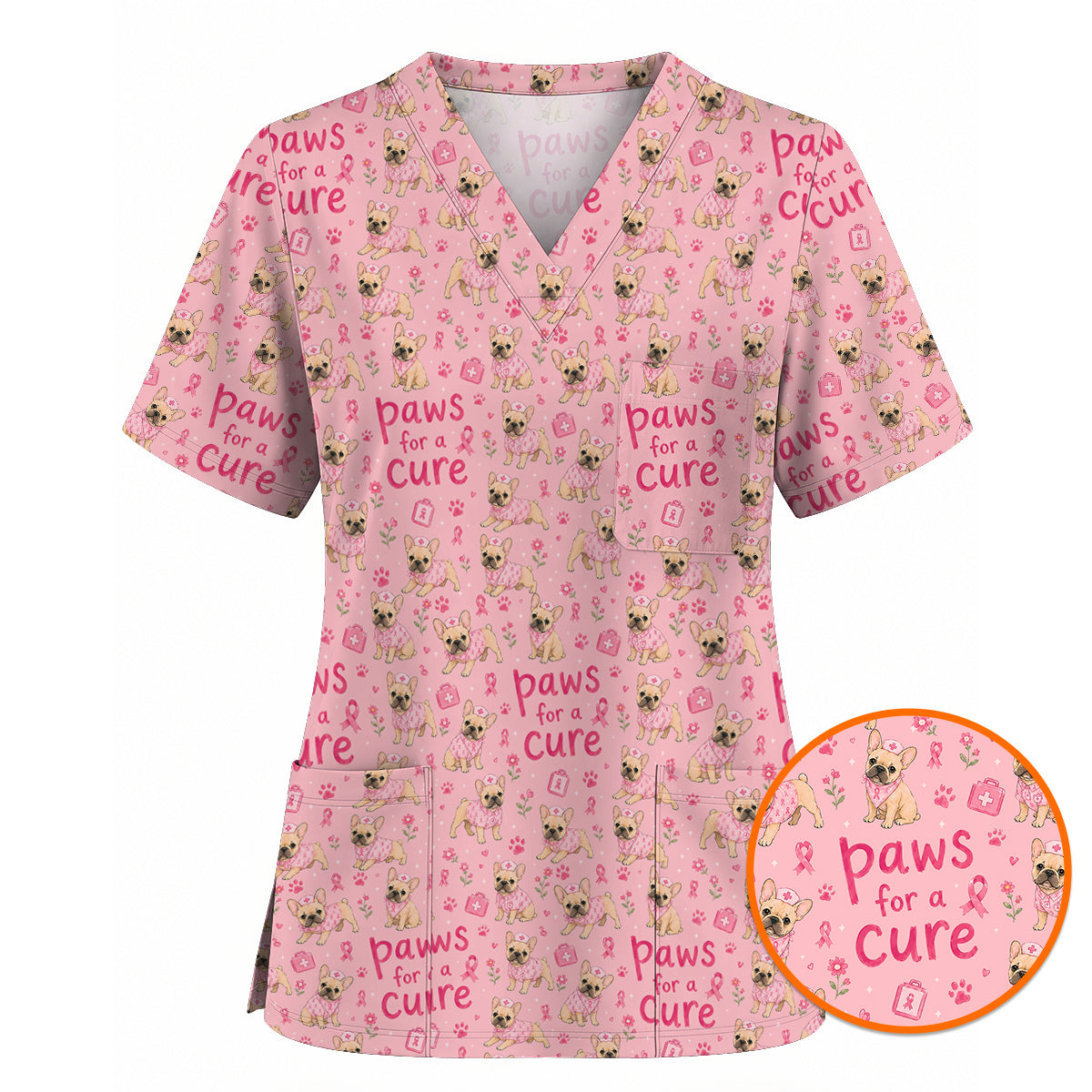 Breast Cancer French Bulldog Scrub Top, Paws for a Cure Nursing Uniform, Pink Nurse Scrubs for Dog Lovers